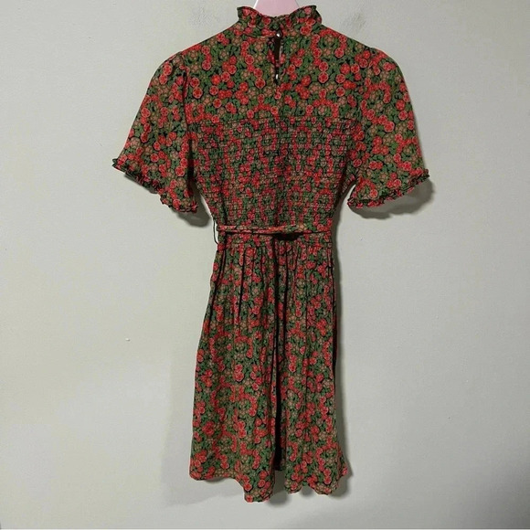Banjanan Green Red Floral 100% Cotton Smocked Mini Dress XS - Picture 5 of 8
